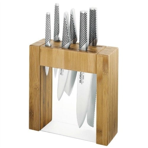 Stock photo of a knife rack filled with Global culinary knives.