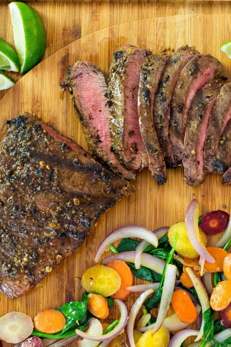 Vertical overhead picture of Grilled Mexican Skirt Steak with Rainbow Carrots
