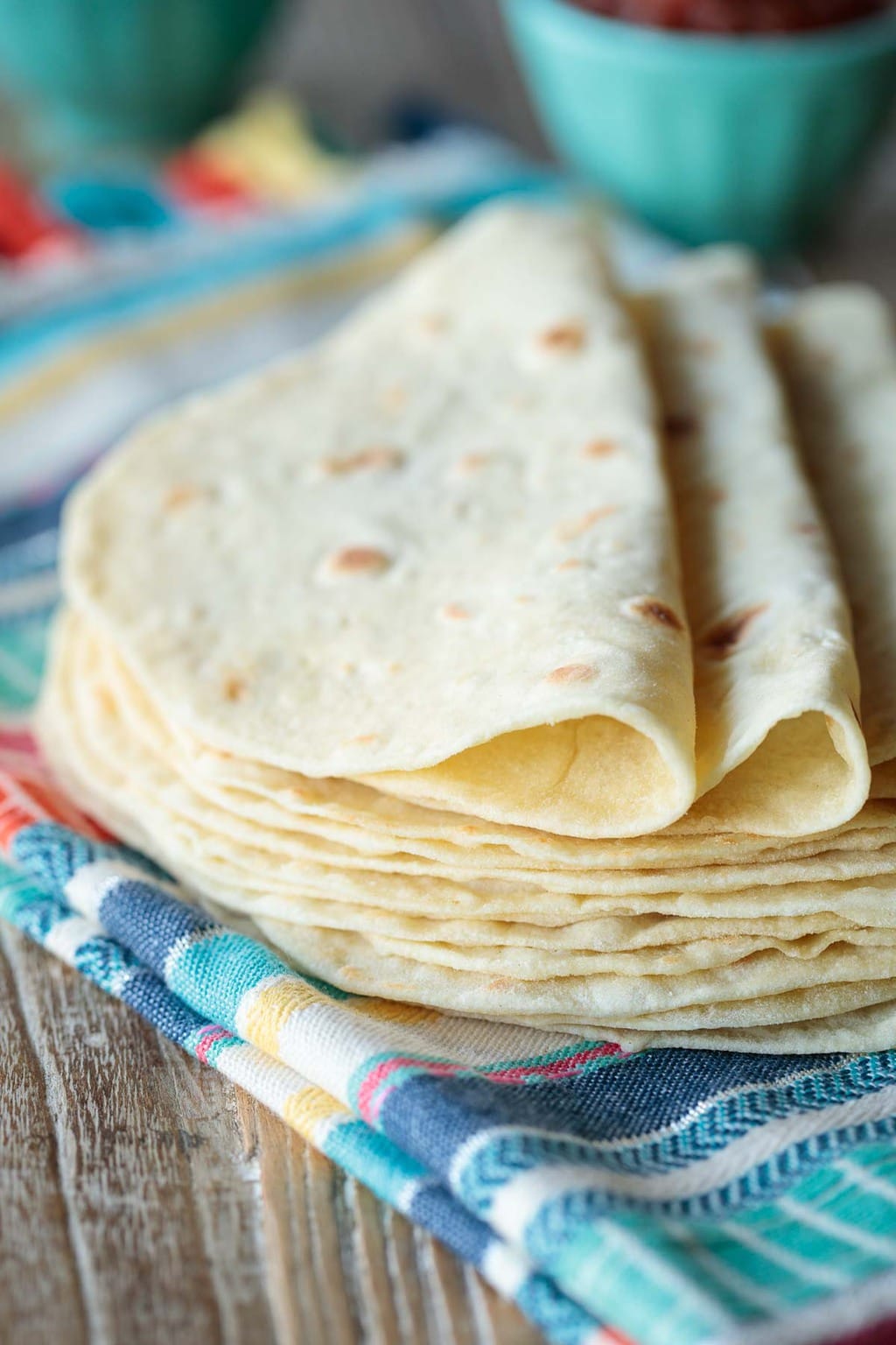 Close up view of a stack flour tortillas 