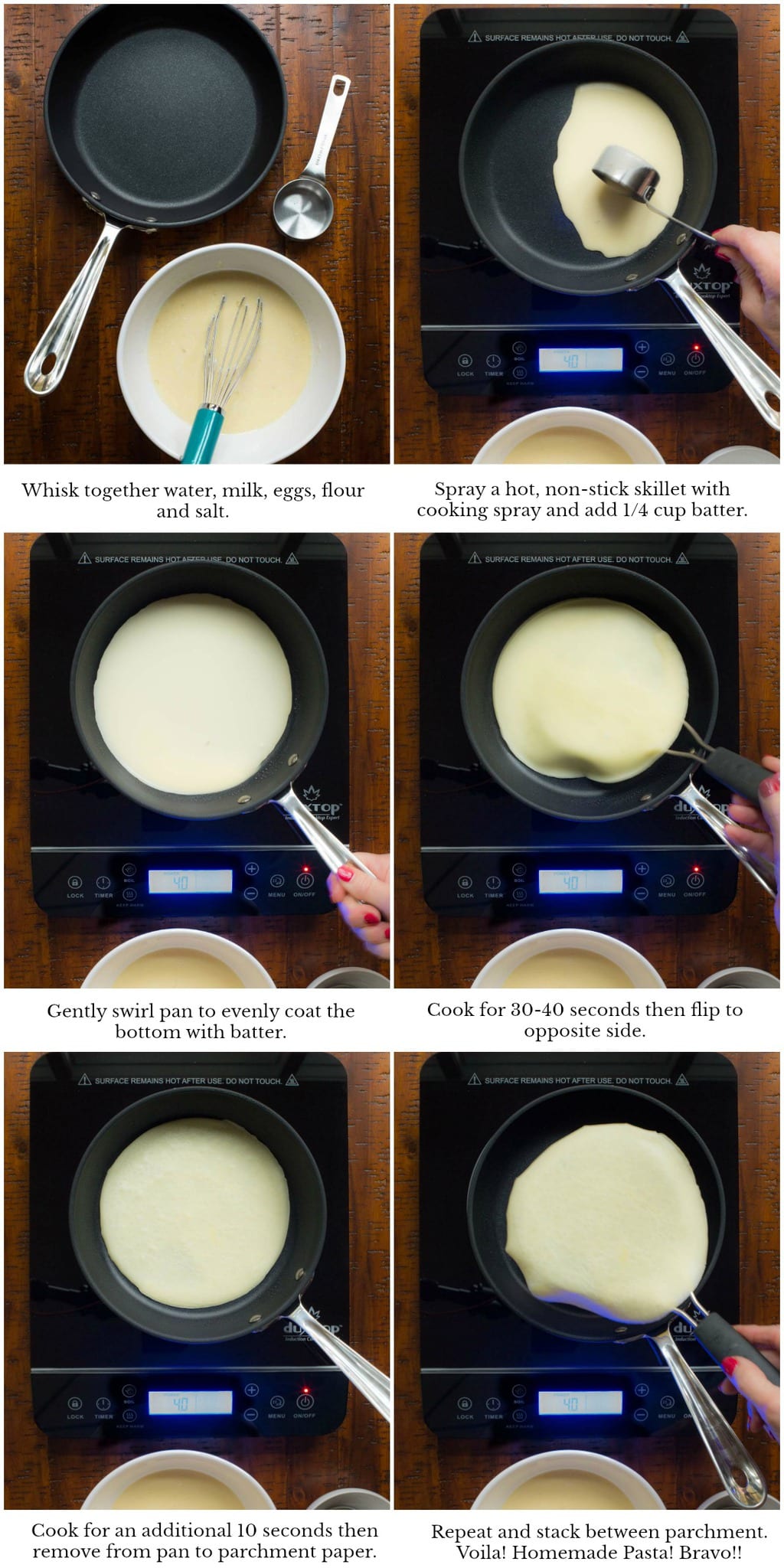 How-to collage of photos demonstrating how to make Homemade Pasta.
