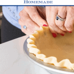 Vertical how-to photo of a person crimping the crust of a Homemade Store-Bought Pie Crust.