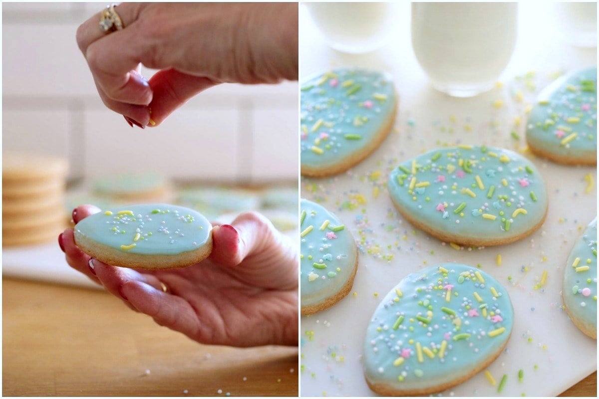 Horizontal two-photo collage of decorating Spring Shortbread Cookies with sprinkles.