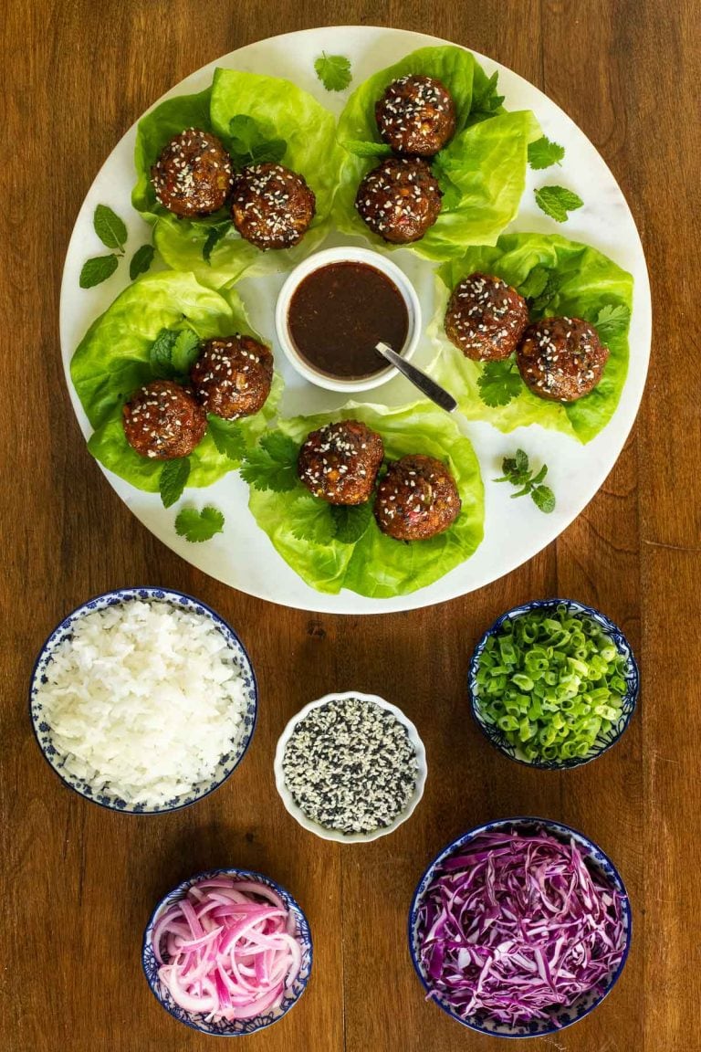 Overhead picture of Korean Meatballs with rice and toppings