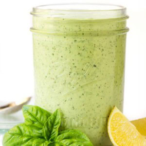 Vertical picture of Lemon Basil Buttermilk Dressing in a glass jar