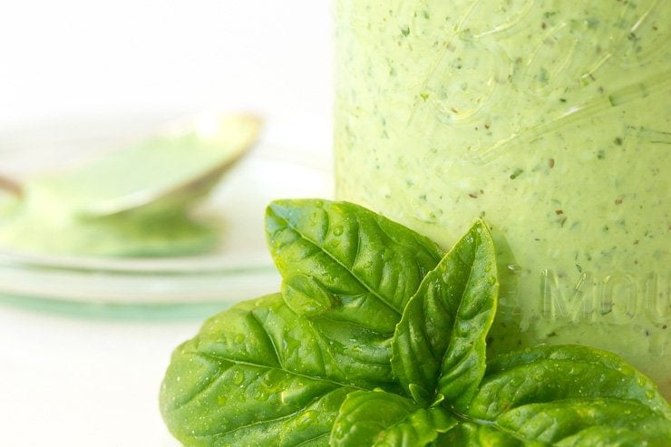 Closeup photo of a Ball jar of Lemon Basil Buttermilk Dressing with a sprig of basil leaves leaning against the jar.