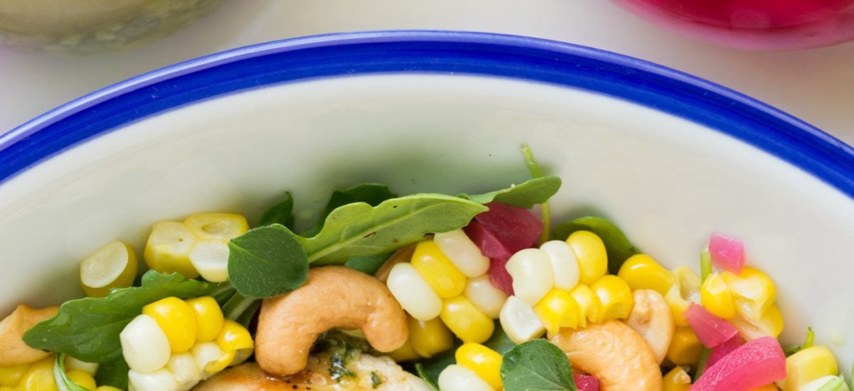 Lemon Oregano Chicken and Corn Salad Overhead closeup picture of Lemon Oregano Chicken and Corn Salad