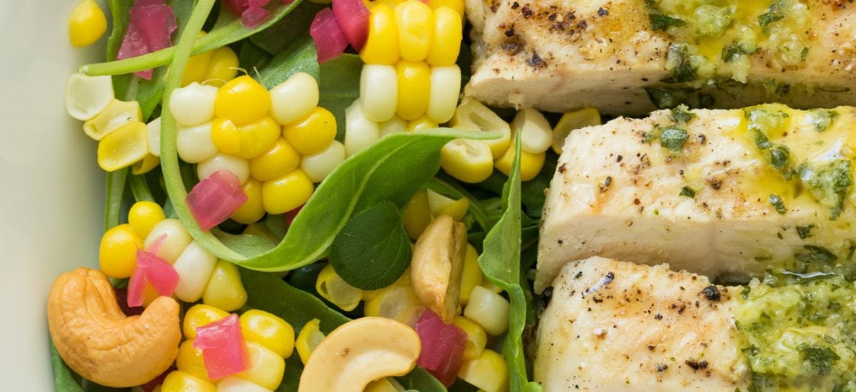 Lemon Oregano Chicken and Corn Salad Close up picture of Lemon Oregano Chicken and Corn Salad