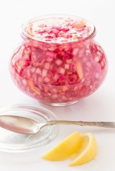 Lemon Pickled Red Onions - a beautiful and delicious condiment that takes less than 5 minutes. Perfect for sandwiches, salads, pizzas...