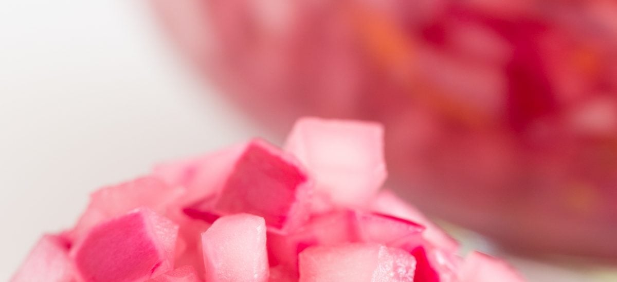 Lemon Pickled Red Onions Closeup picture of pickled red onions