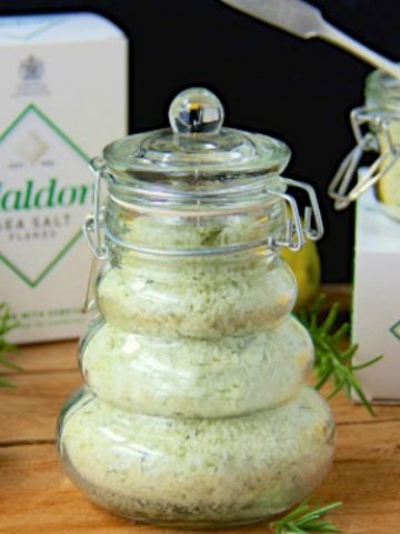 Vertical picture of Lemon Rosemary Sea Salt in a glass jar