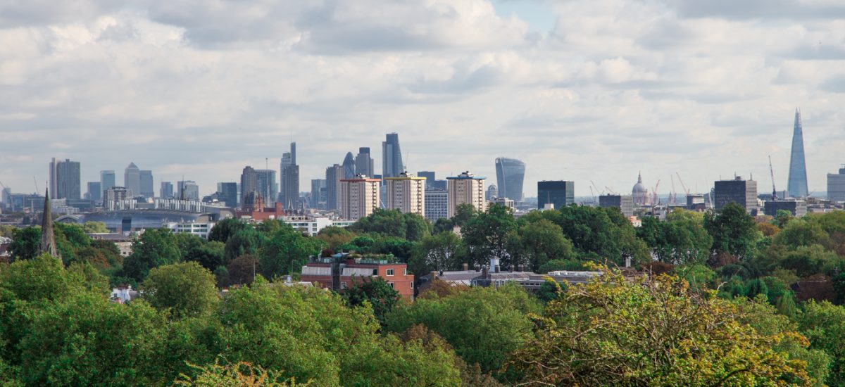 Panoramic photo of the London city skyline from Primrose Hill Park.