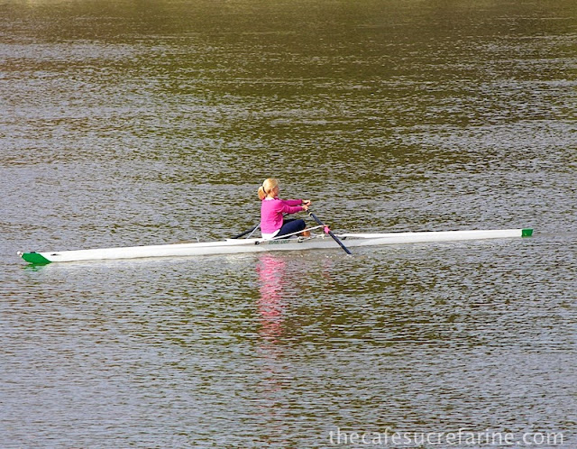 A solo rower practicing on the Thames River in London, England