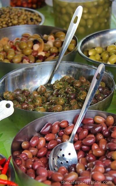 Large bowls of olives in every size, shape and color.