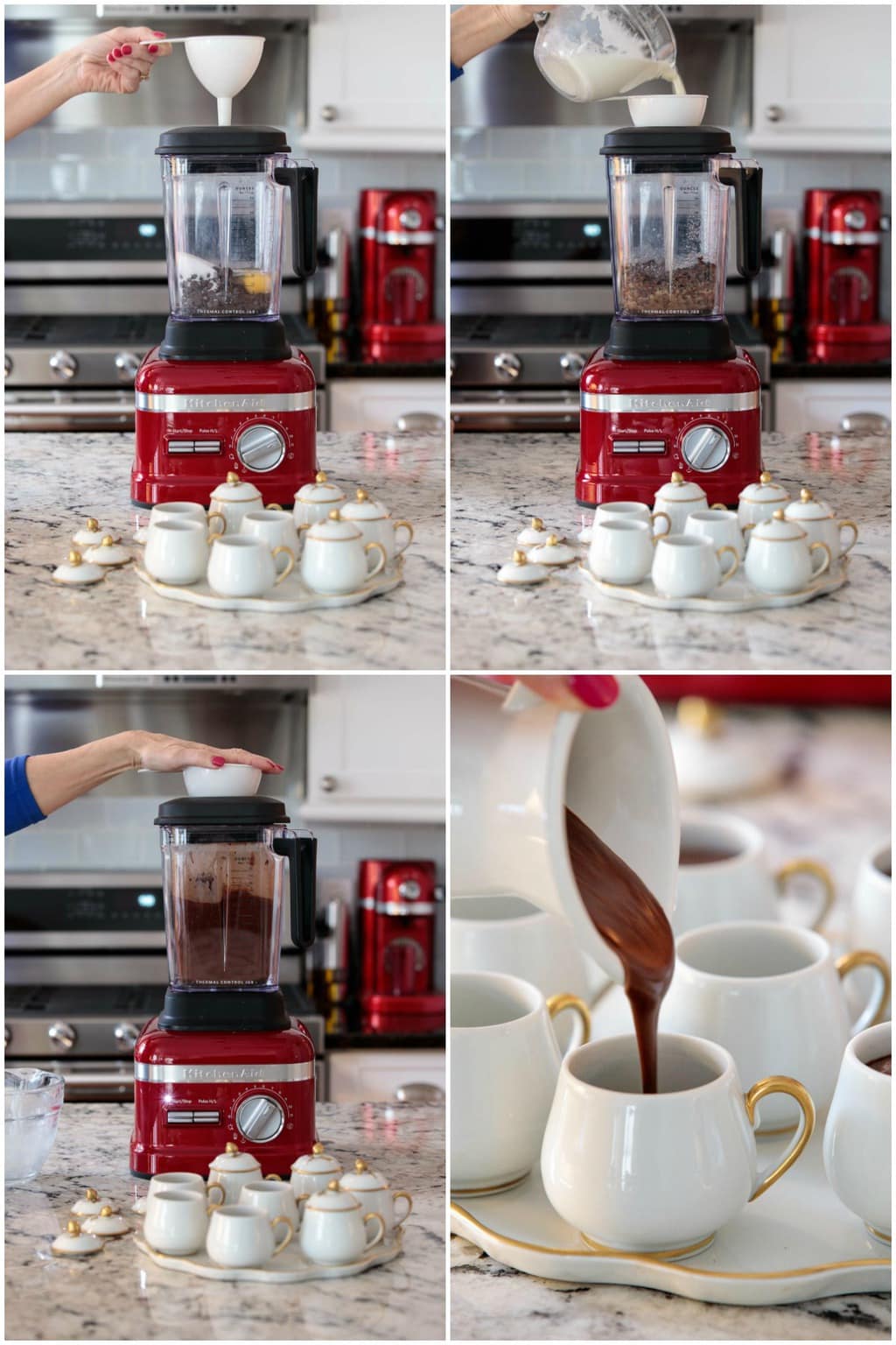 A photo collage of the process of making Blender Chocolate Pots de Crème.