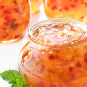 Mango Pepper jelly in a glass jar