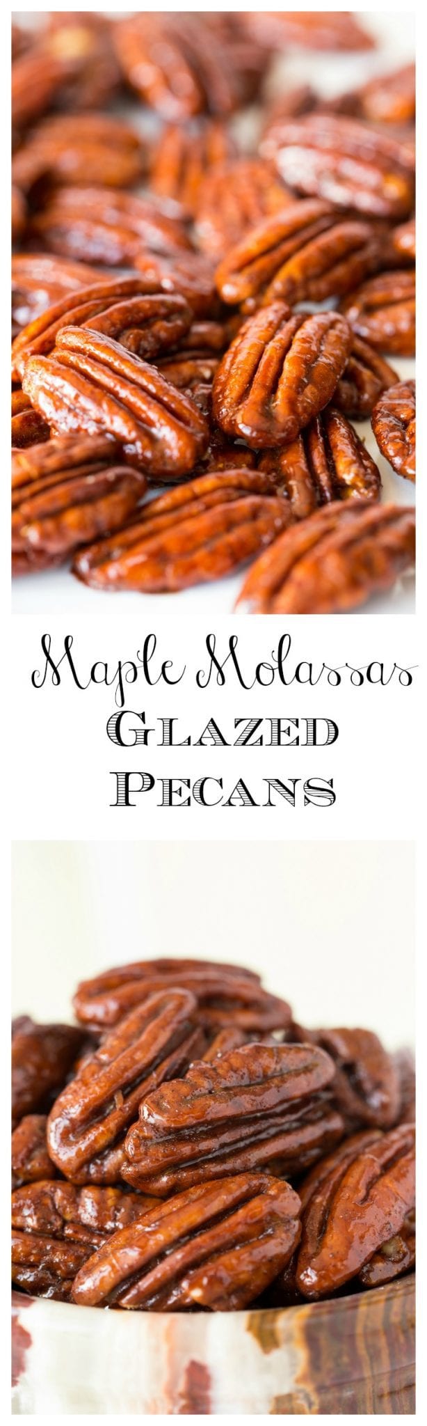 Maple Molasses Glazed Pecans - super easy and crazy delicious, these pecans are fabulous as a snack or cocktail nibble, on salads and dessert and make a wonderful gift.