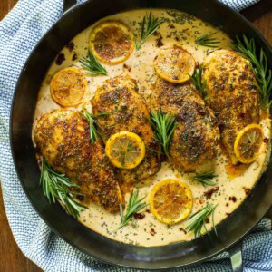 Overhead picture of Marry Chicken in a cast iron skillet