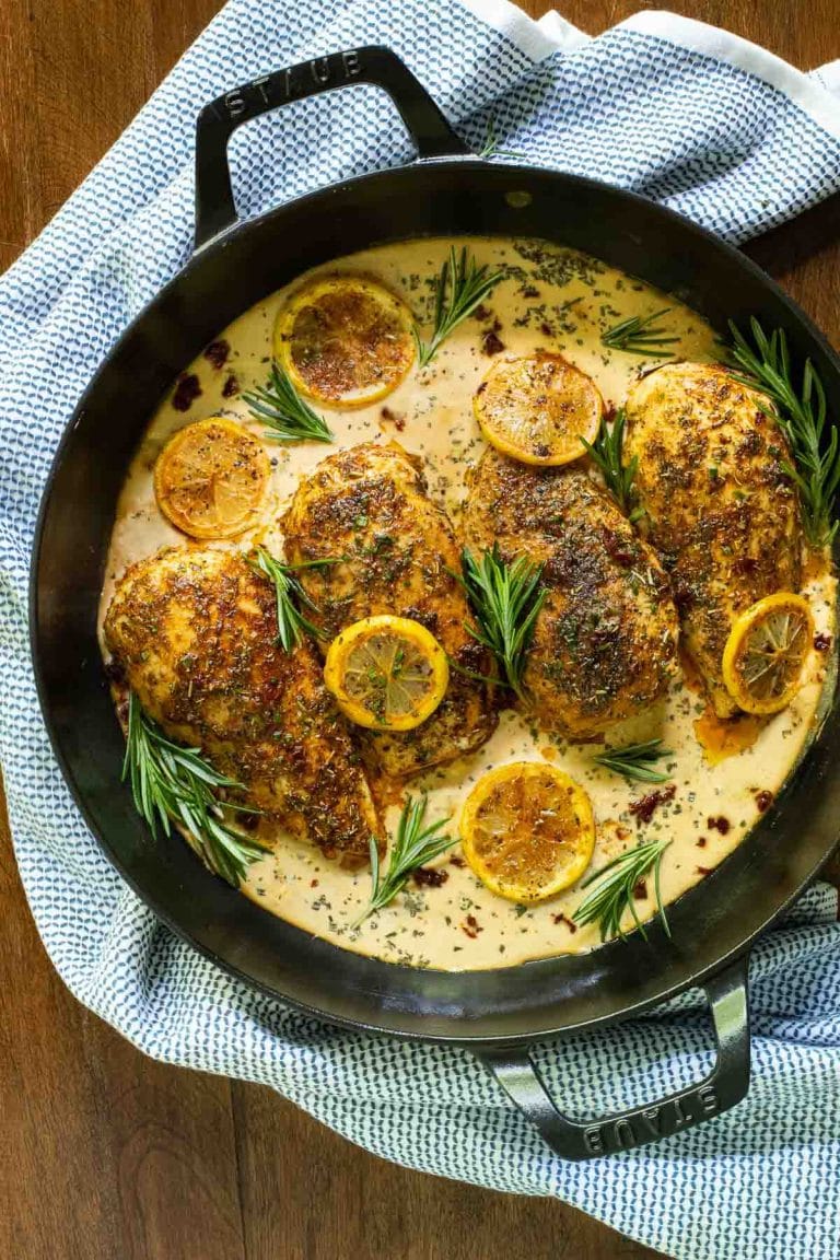 Overhead picture of Marry Chicken in a cast iron skillet