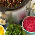 Vertical pictures of Slow Cooker Mexican Shredded Beef in a slow cooker with small bowls of toppings