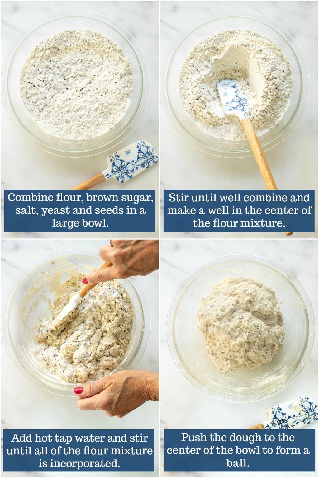 Collage of vertical photos outlining the steps for making the dough for No-Knead Seeded Oatmeal Bread.