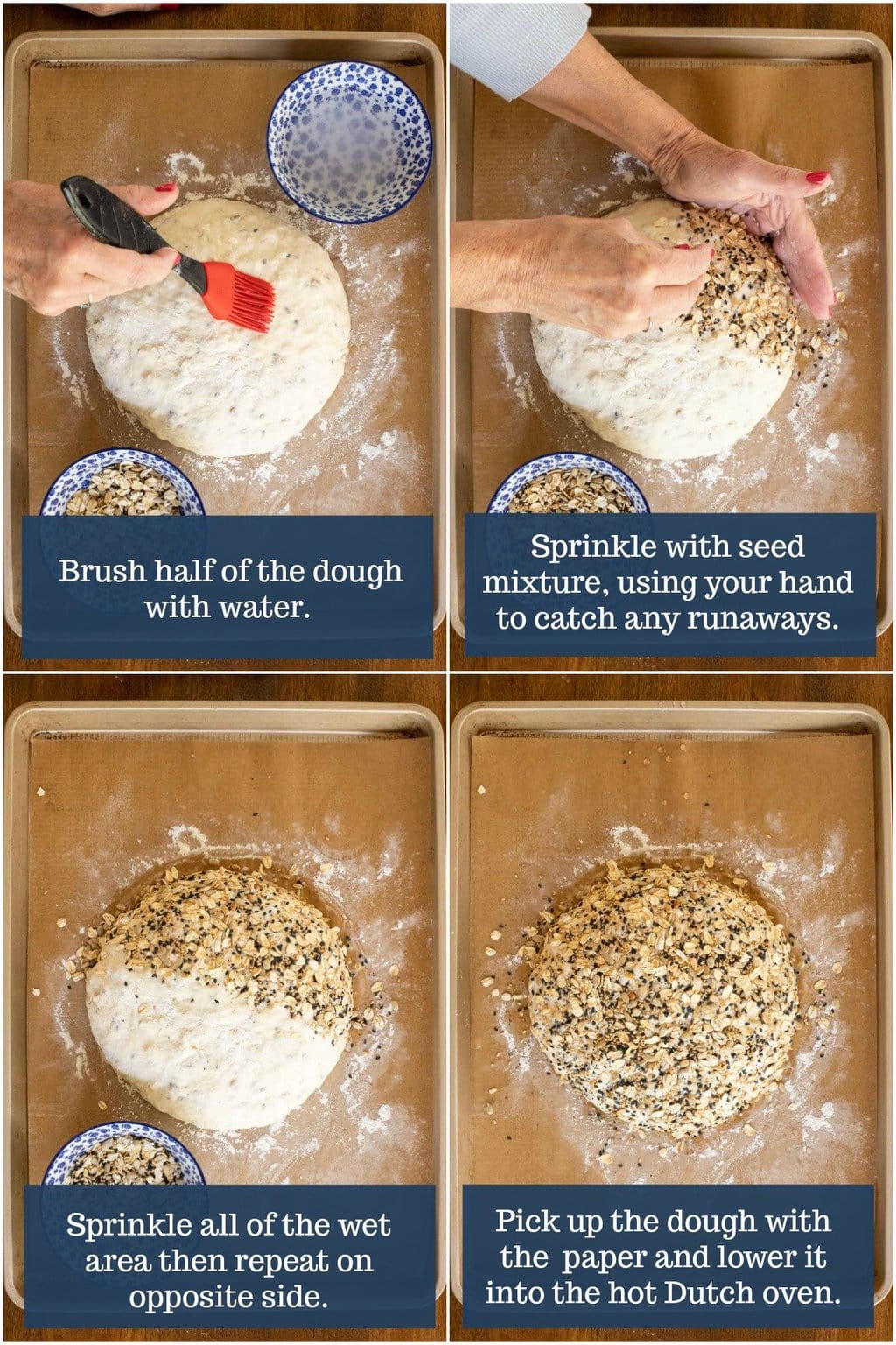 Vertical process photos demonstrating how to seed No-Knead Seeded Oatmeal Bread.