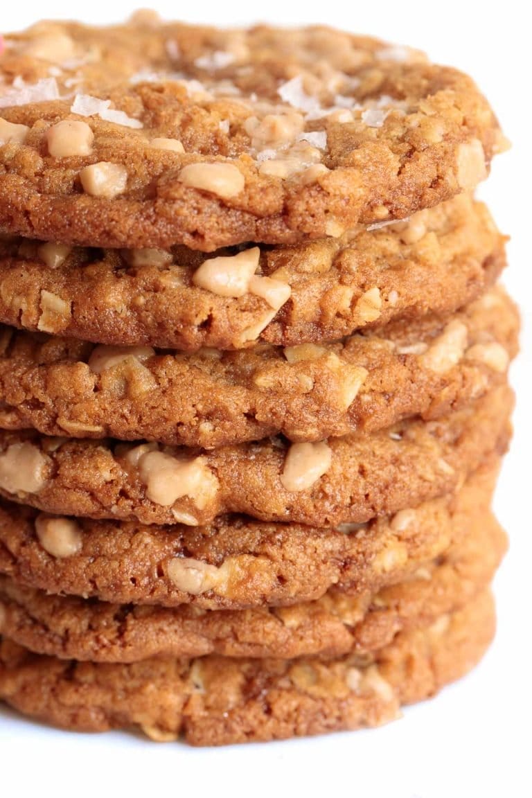 Close up vertical picture of oatmeal toffee peanut butter cookies stacked