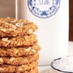 Close up vertical image of oatmeal toffee peanut butter cookies