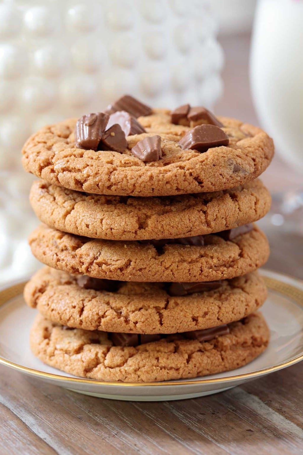 A vertical photo of a stack of One-Bowl Reese's Peanut Butter Cup Cookies.