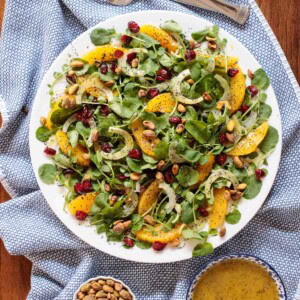 Overhead picture of orange fennel watercress salad in a white bowl on a blue and white kitchen towel