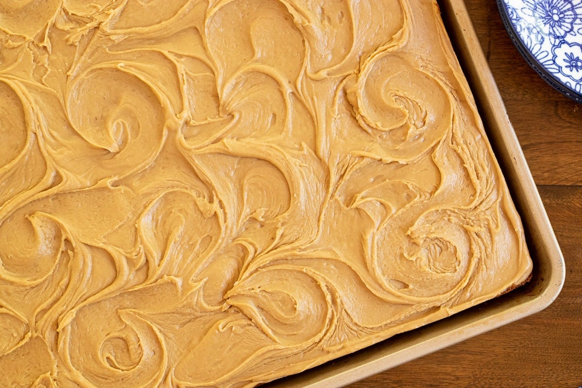 Overhead vertical closeup photo of a Peanut Butter Texas Sheet Cake.