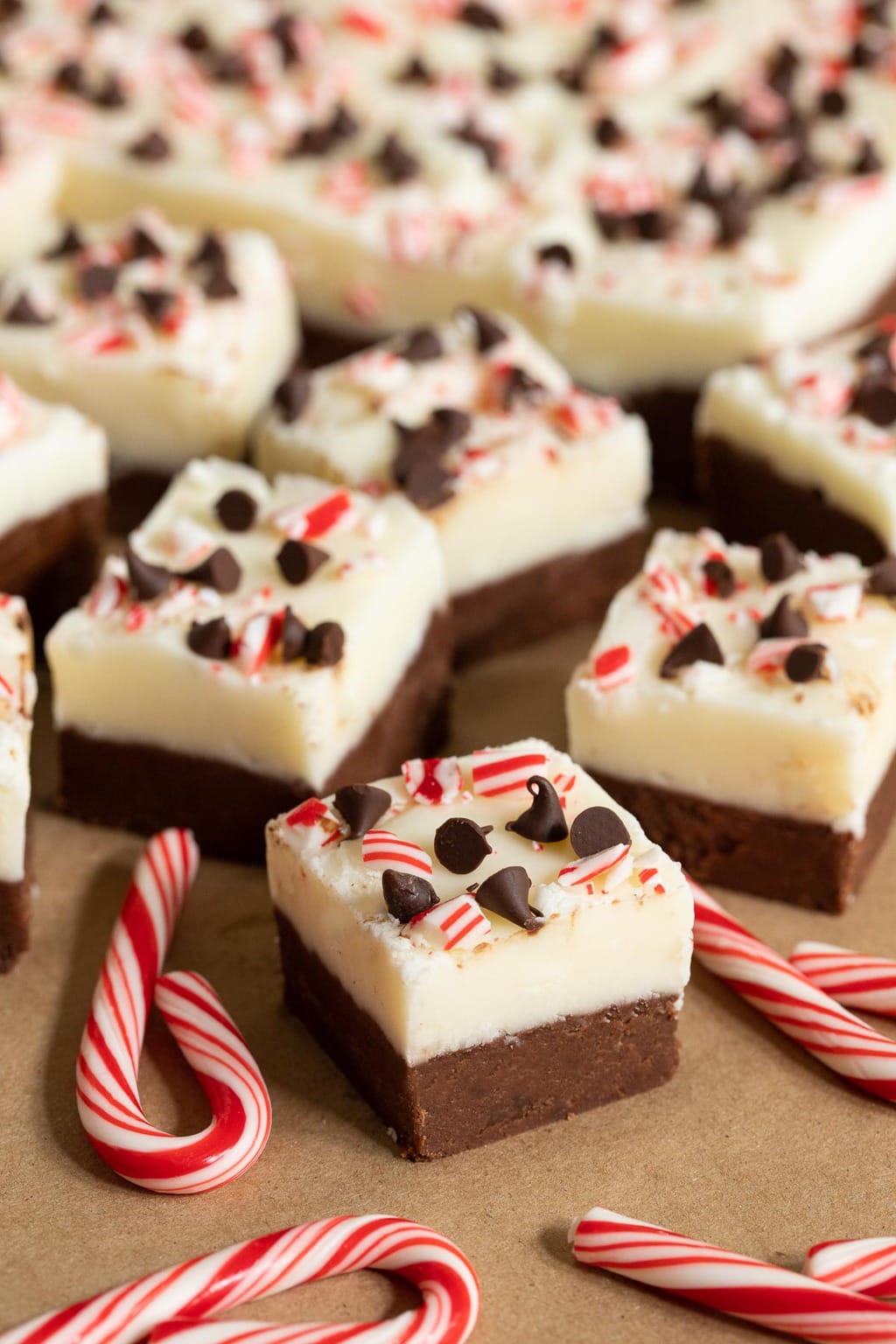 Vertical picture of Peppermint Bark Fudge cut into squares with candy canes
