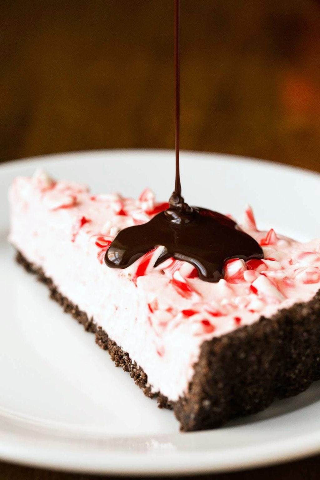 Vertical closeup photo of a Peppermint Candy Cane Tart with chocolate sauce on a white serving plate.