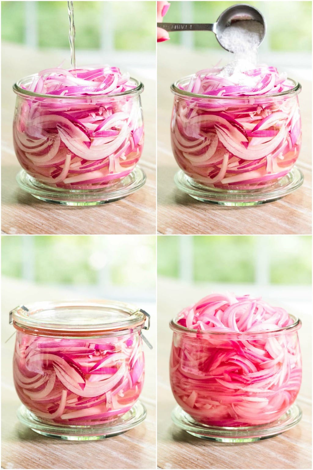 Collage of photos demonstrating the color change that Easy Pickled Red Onions go through.
