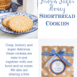 Vertical photo collage of Brown Sugar Honey Shortbread Cookies with graphic titles in two of the quadrants.