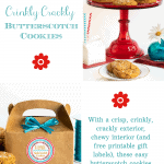 Vertical 4-photo collage of Crinkly Crackly Butterscotch Cookies and the custom labels available for the Cookes.