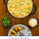 Vertical overhead photo of a pot of Creamy Chicken Parmesan Pasta Soup on a wood table.