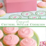 Vertical 2-photo collage of Copycat Crumbl Sugar Cookies and a decorative pink gift box with custom gift labels for the cookies.