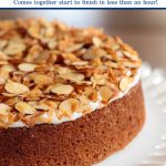 Vertical closeup photo of an Easy Buttermilk Butter Crunch Cake with a word graphic title at the top.