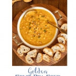 Overhead vertical photo of Golden Split Pea Soup in a gold trimmed soup pot surrounded by crostini.