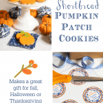 Vertical collage of photos of how to make Irish Shortbread Pumpkin Patch Cookies and gift labels.