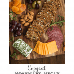 Vertical overhead photo of a wood appetizer board featuring Copycat Rosemary Pecan Raincoast Crackers and an assortment of appetizer snacks.