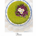 Overhead vertical photo of a bowl of Thai Broccoli Spinach Soup.