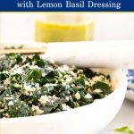 Vertical extreme closeup photo of a Tuscan Kale Salad with Lemon Basil Dressing with a blue text band at the top of the photo