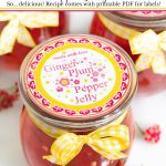 Vertical closeup photo of a glass jar of Plum Ginger Pepper Jelly with a custom label on top and decorated with a yellow and white checked ribbon.