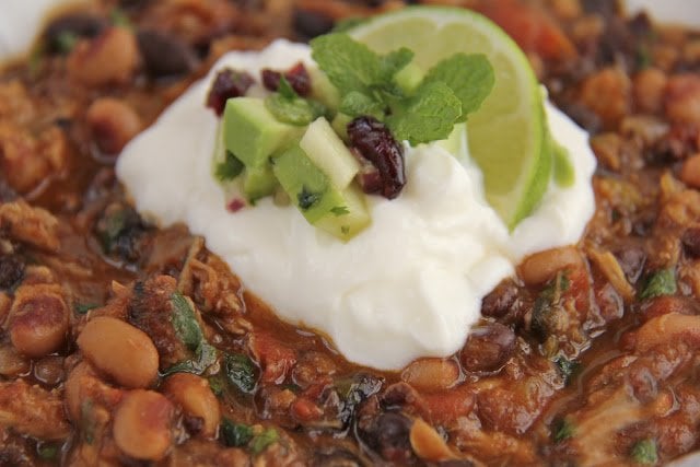 Pork and Chorizo Chili with Black Beans and Black-eyed Peas - In the south, they say that eating black-eyed peas on New Years will bring you good luck. Not so sure about that but I do know that this chili is a delicious way to celebrate any day of the year! 