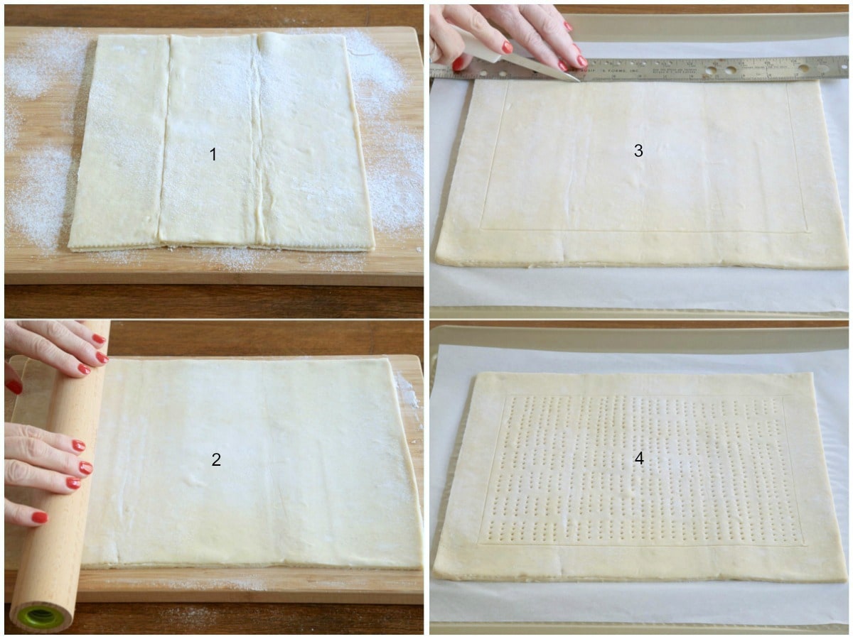 Step-by-step how-to collage of making a crust for an Easy Savory Puff Pastry Tart.