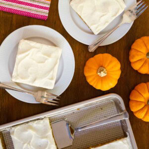 Overhead picture of Pumpkin Sheet Cake cut into slices