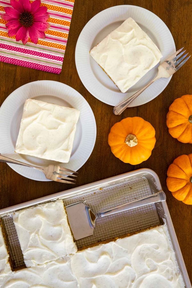 Overhead picture of Pumpkin Sheet Cake cut into slices