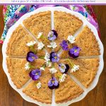 Overhead vertical photo of Ridiculously Easy Brown Sugar Shortbread garnished with edible pansies.