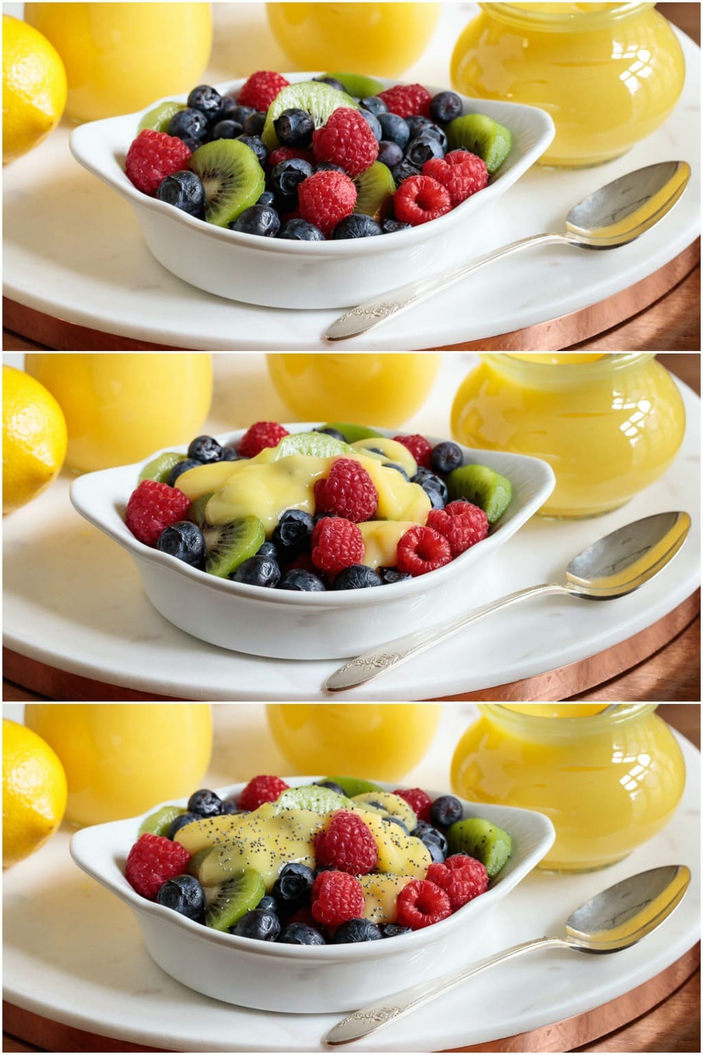 Photo collage of a dish of fresh fruit with Ridiculously Easy Microwave Lemon Curd on top and a sprinkle of poppy seeds on top of the fruit and curd.